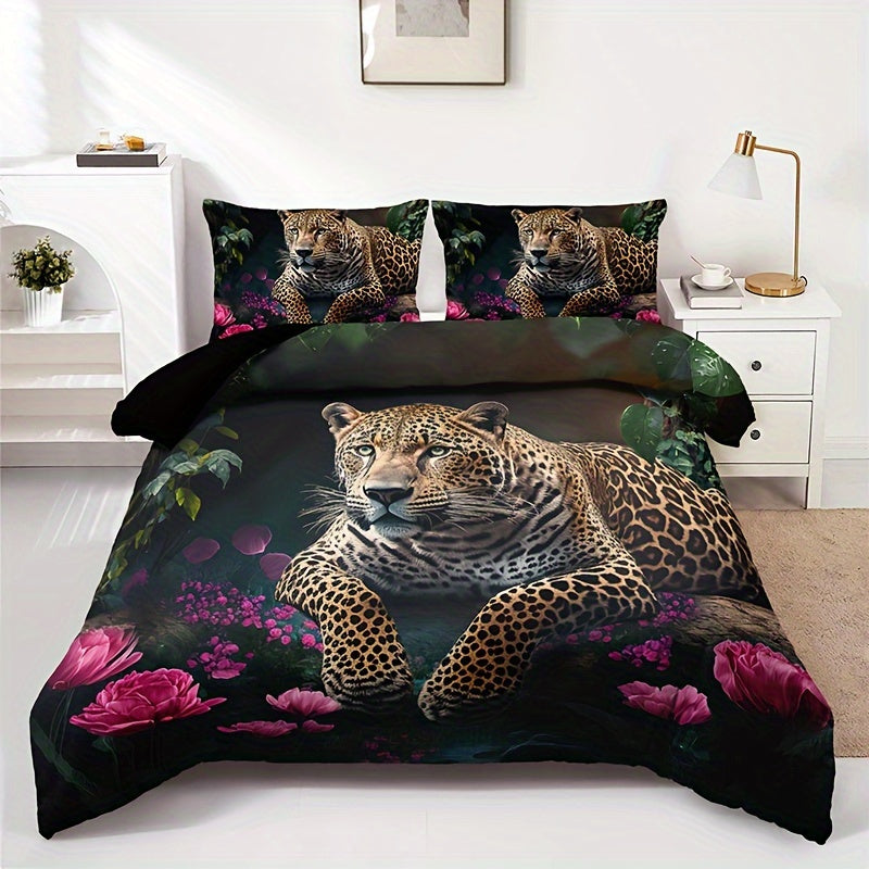 SavannaRose - 3-Piece Animal Print and Rose Pattern Bedding Set