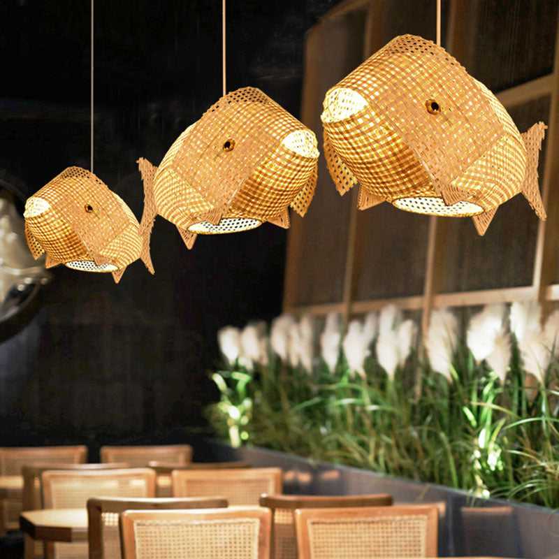 WaveGlow Pendant - Elegant Asian-Style Wood and Rattan Suspension