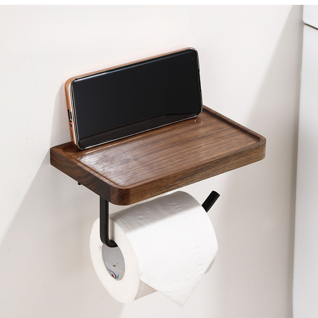 Wall-Mounted Toilet Paper Holder - Walnut and Stainless Steel Bathroom Accessory