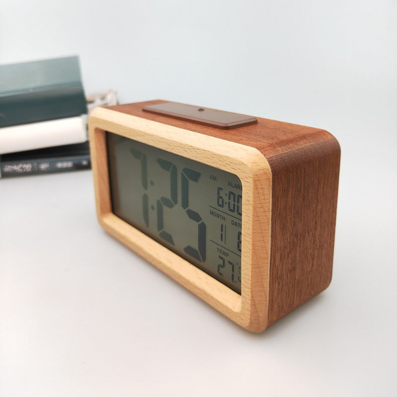 WoodChrono - Elegant Wooden Alarm Clock with Calendar and Temperature