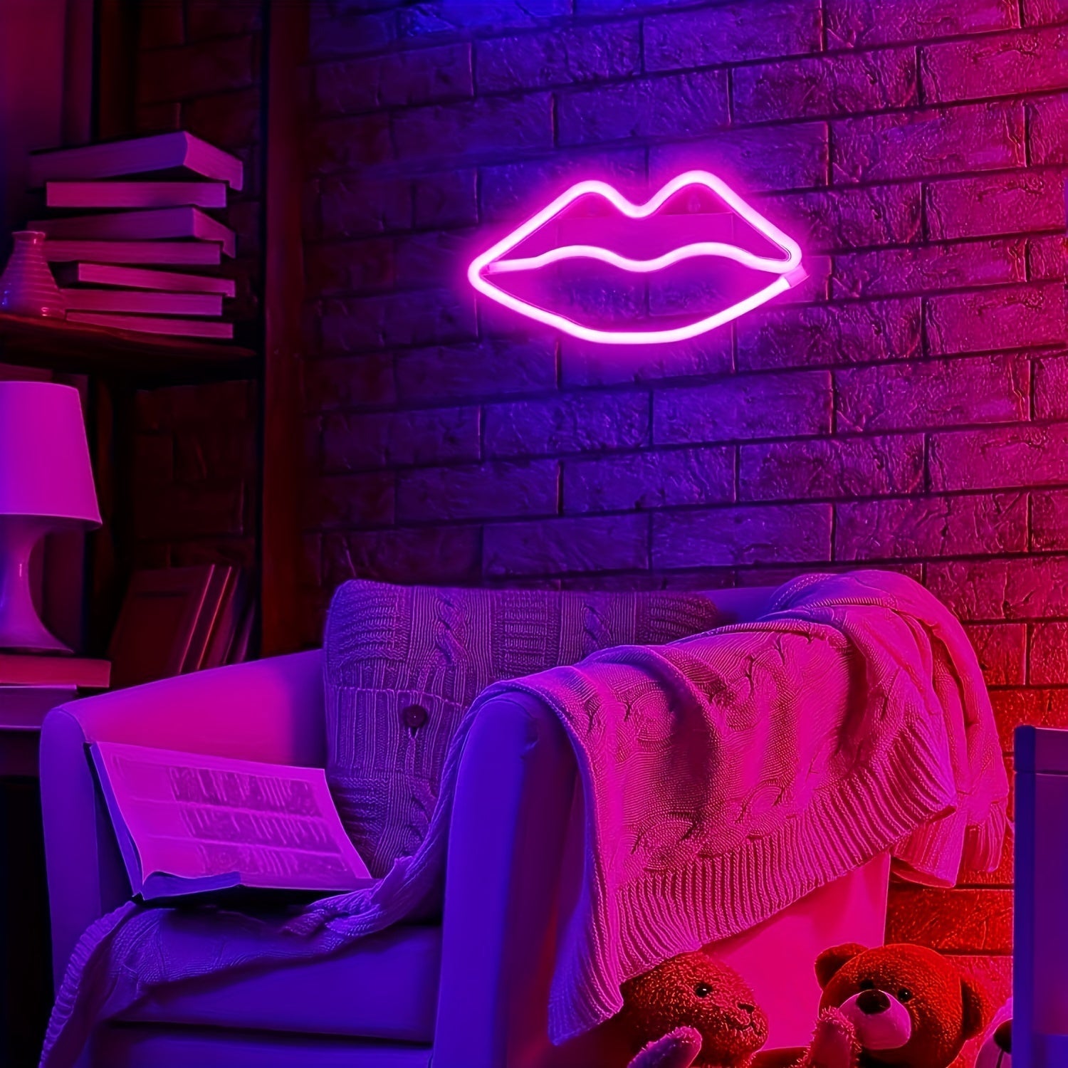 GlowLips - Lampe murale LED neon rose en forme de levres