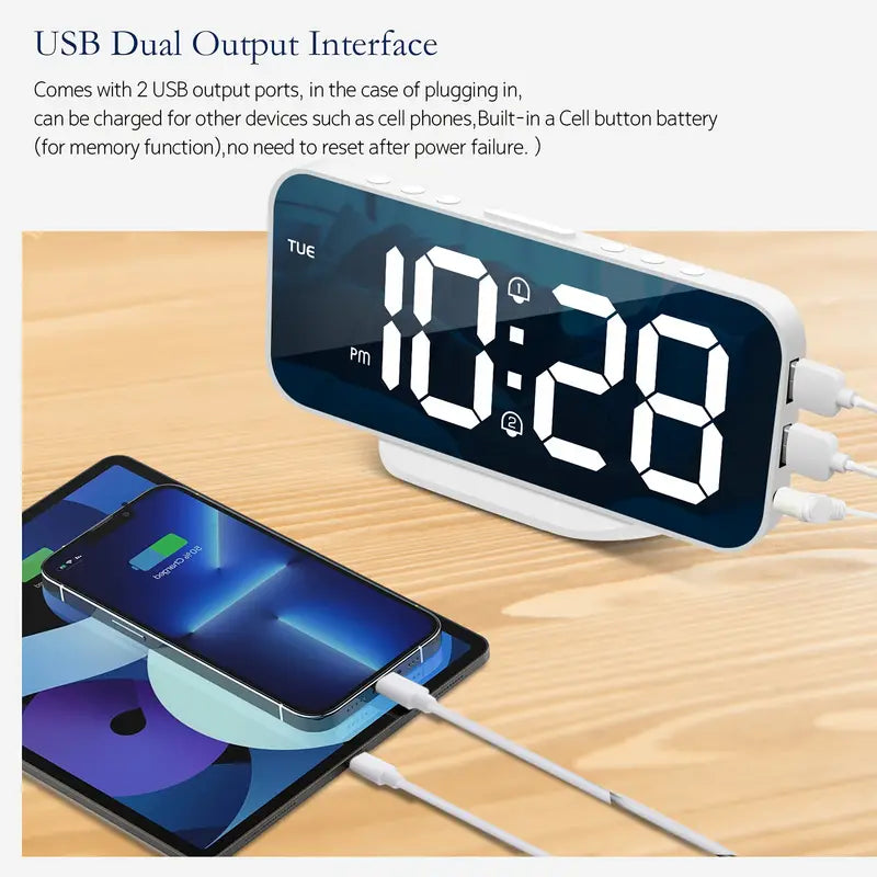 MirrorTime Clock - LED Mirror Alarm with Dual USB Ports
