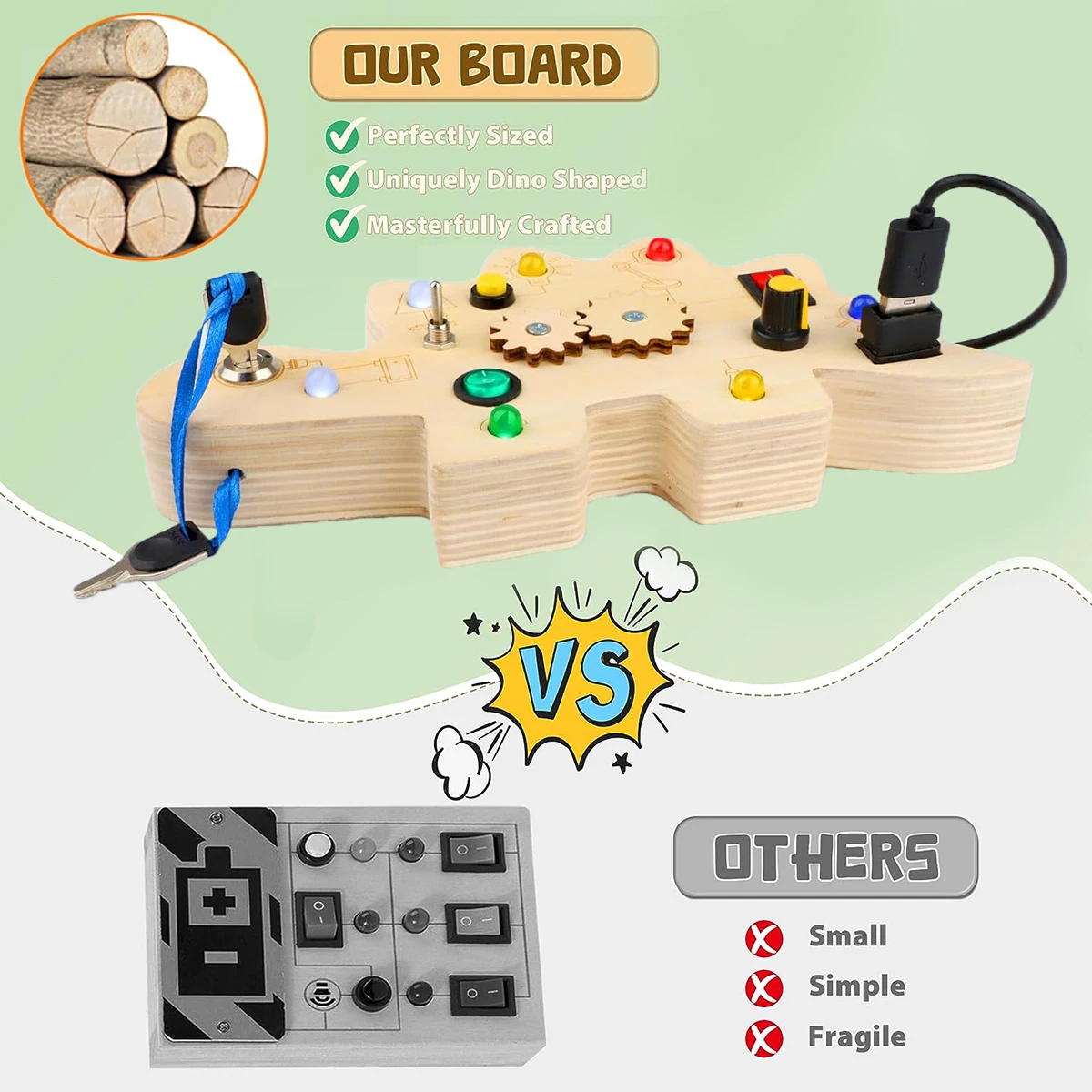 Odessaur - Montessori Dinosaur Sensory Board with LED Lights