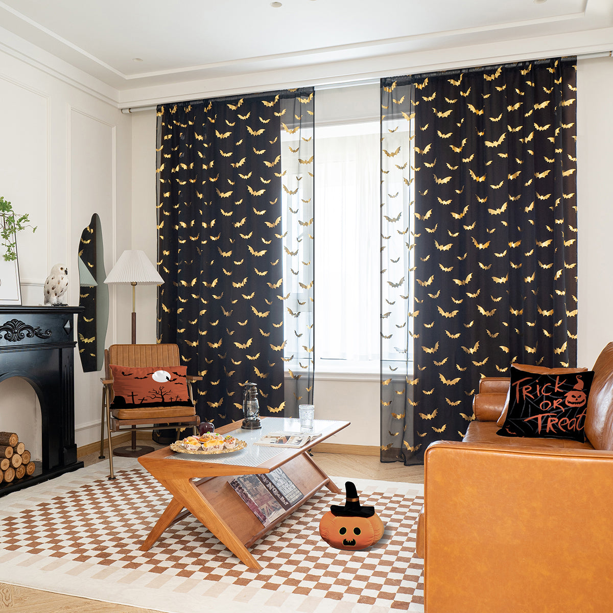 BatGlow Curtains - Black Sheer Voile with Bat Print