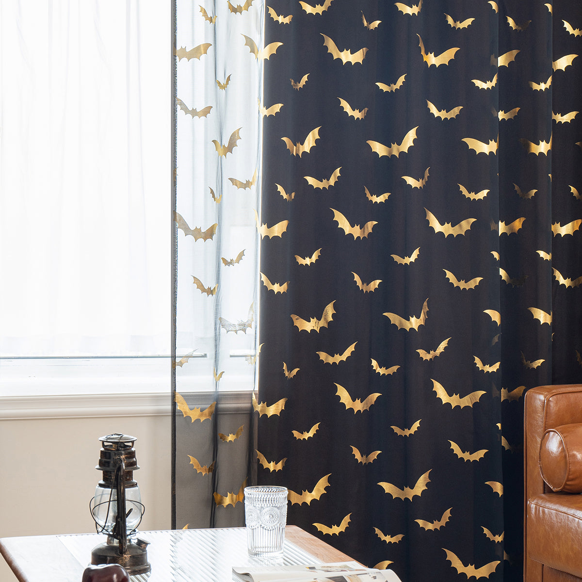 BatGlow Curtains - Black Sheer Voile with Bat Print