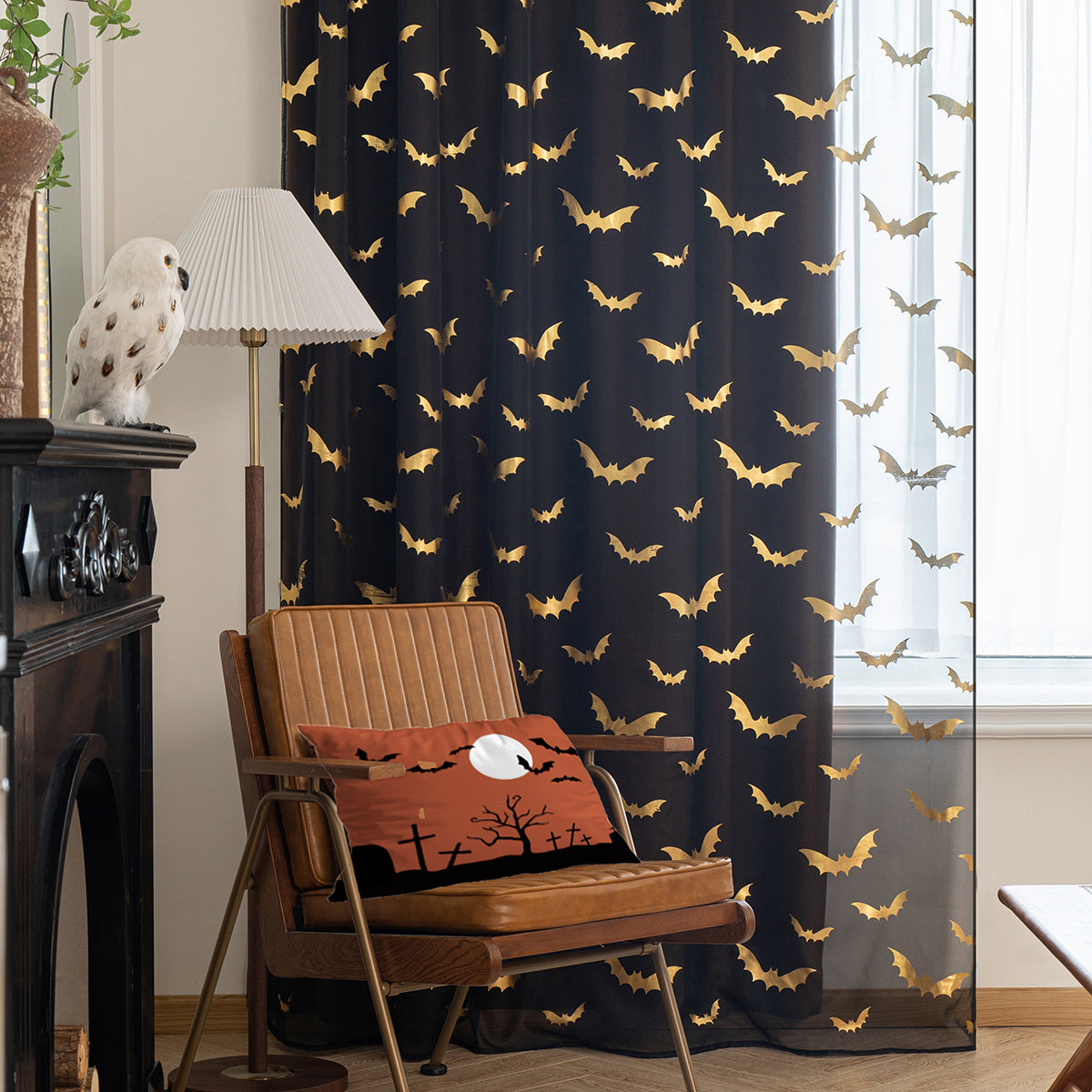 BatGlow Curtains - Black Sheer Voile with Bat Print