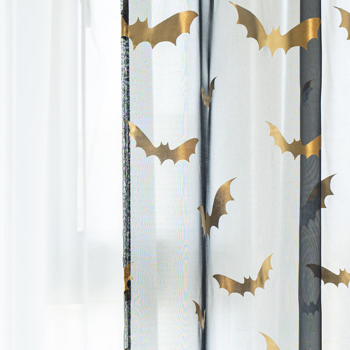 BatGlow Curtains - Black Sheer Voile with Bat Print