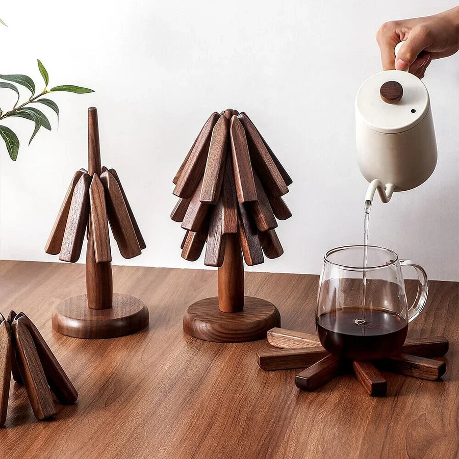 Sous-verres en Bois - Set artisanal sur support arbre en noyer