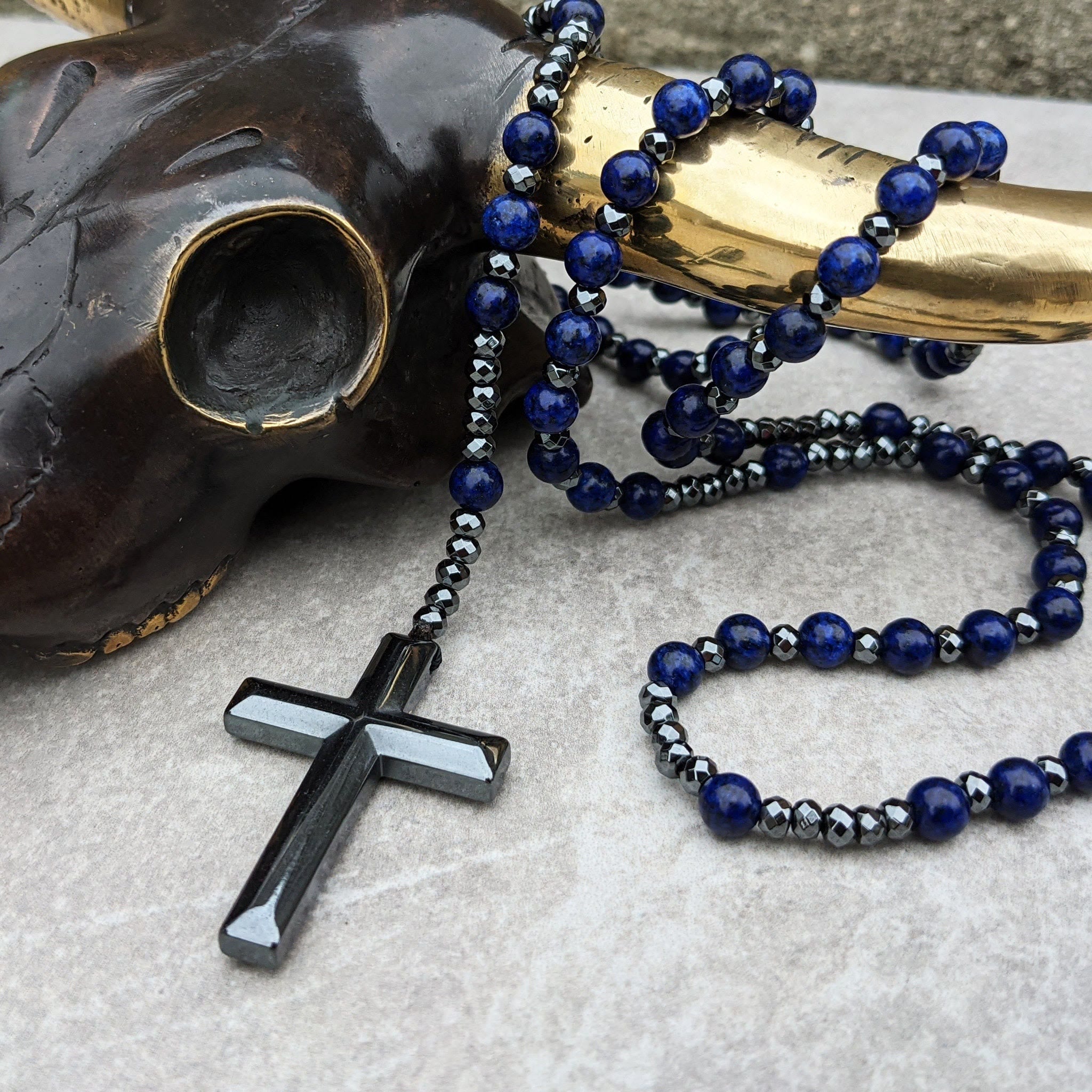 Collier Rosaire Croix Orion - Œil de Tigre Lapis
