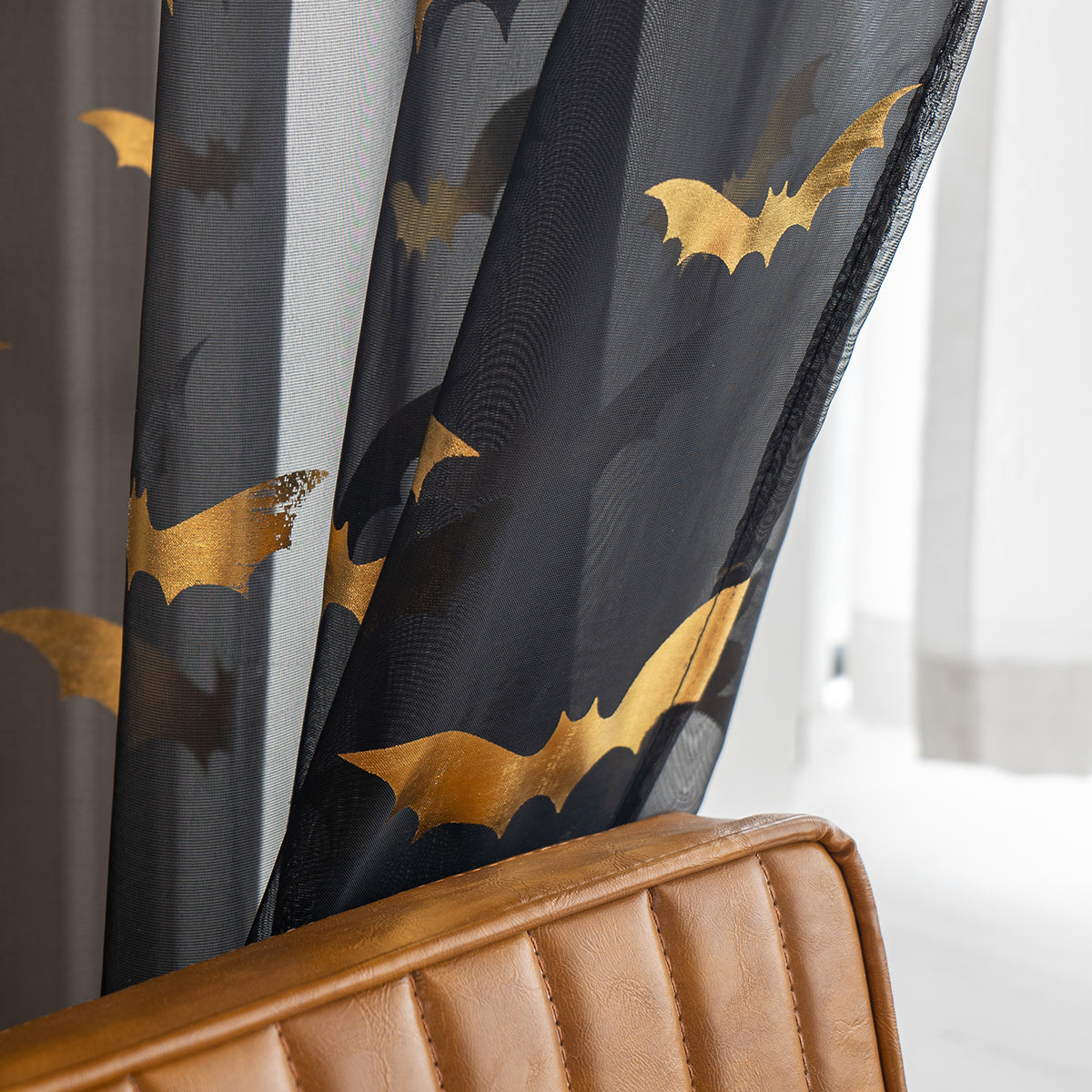 BatGlow Curtains - Black Sheer Voile with Bat Print