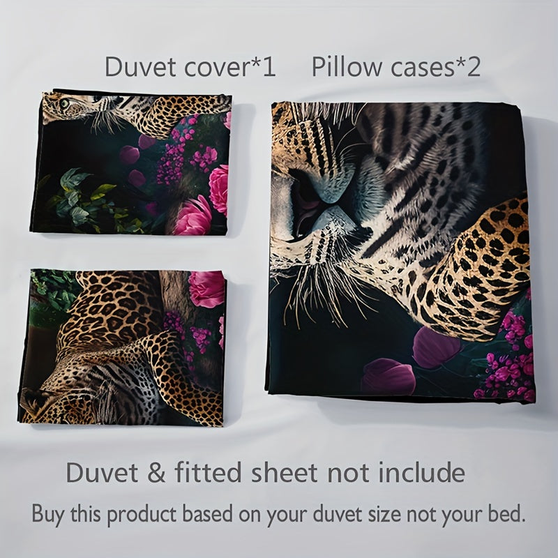 SavannaRose - 3-Piece Animal Print and Rose Pattern Bedding Set