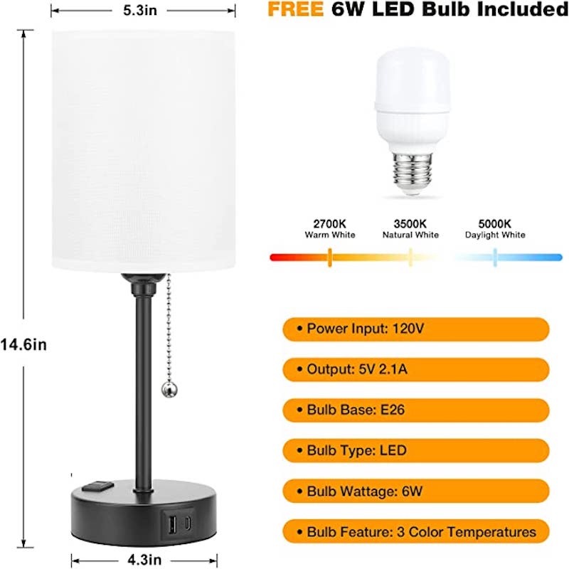 Yorvex - 3-Color Temperature Bedside Lamp with USB Ports