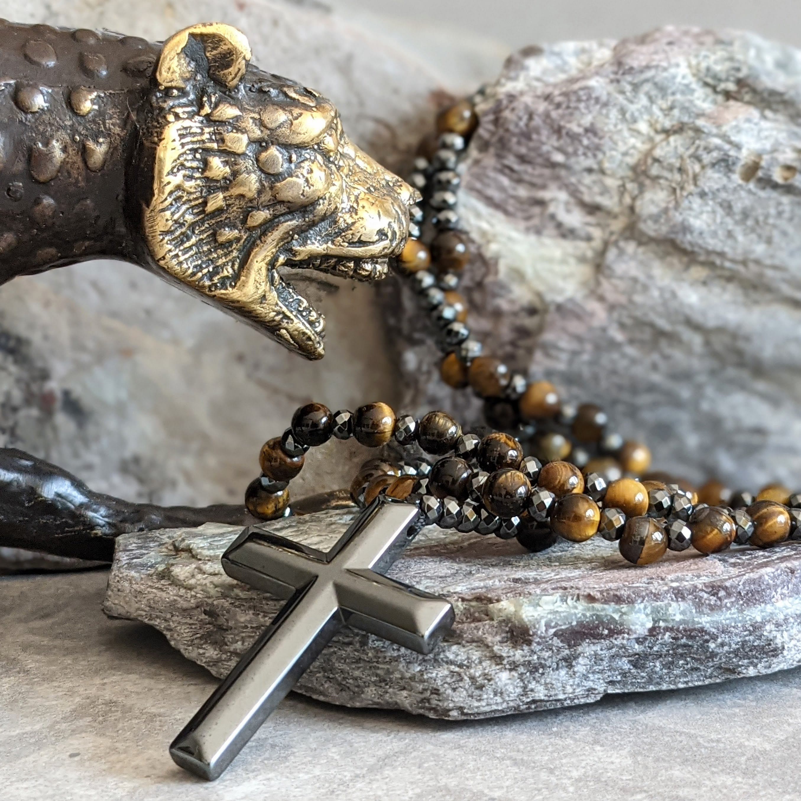 Collier Rosaire Croix Orion - Œil de Tigre Lapis