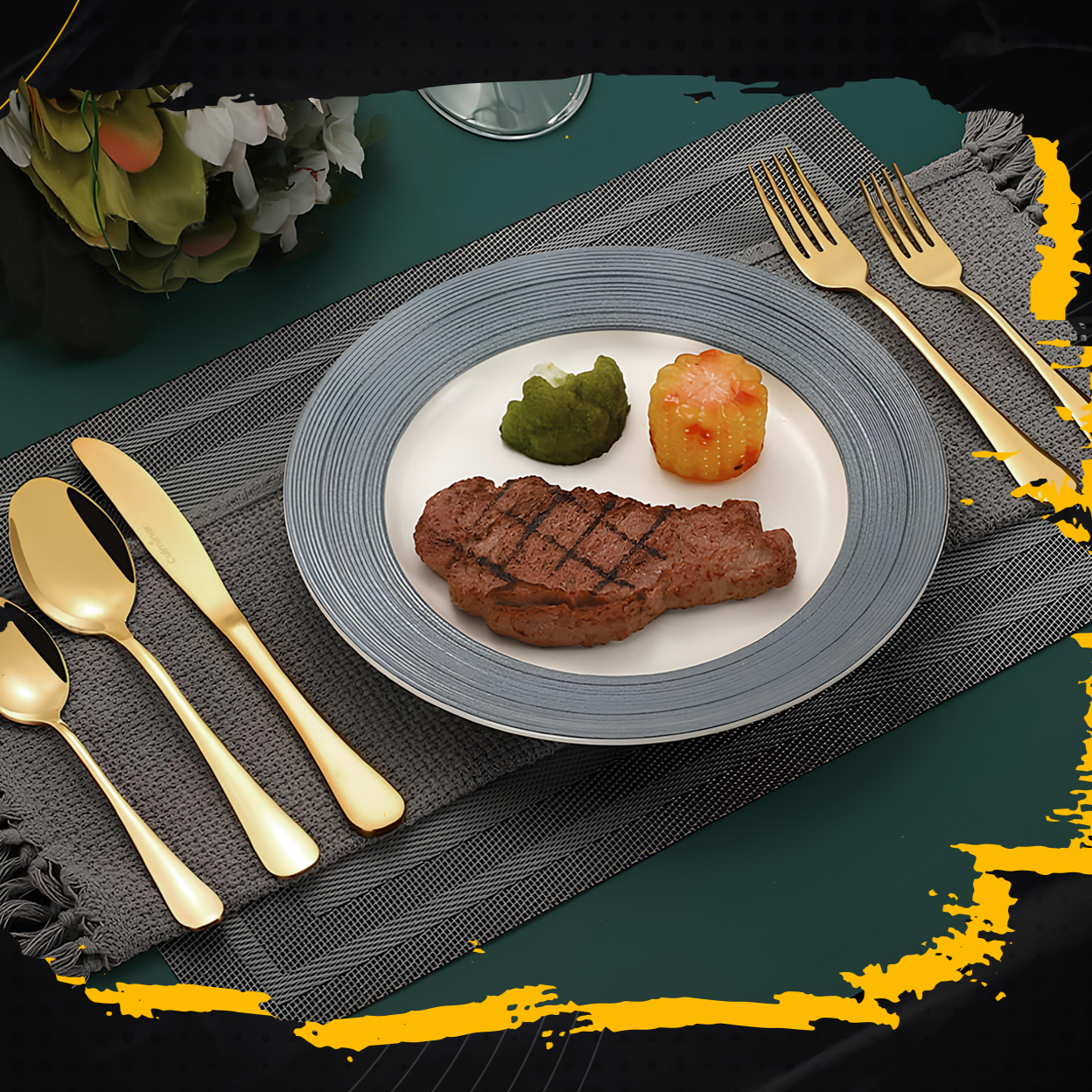 GlamourCutlery - Ménagère Dorée Champagne de Luxe 42 Pièces