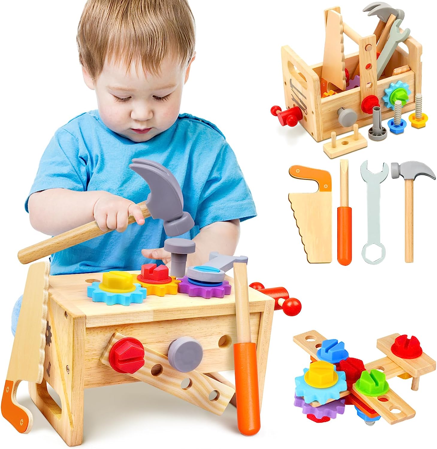 ImaginBlock - 29-Piece Wooden Tool Box Creative Building Set for Kids