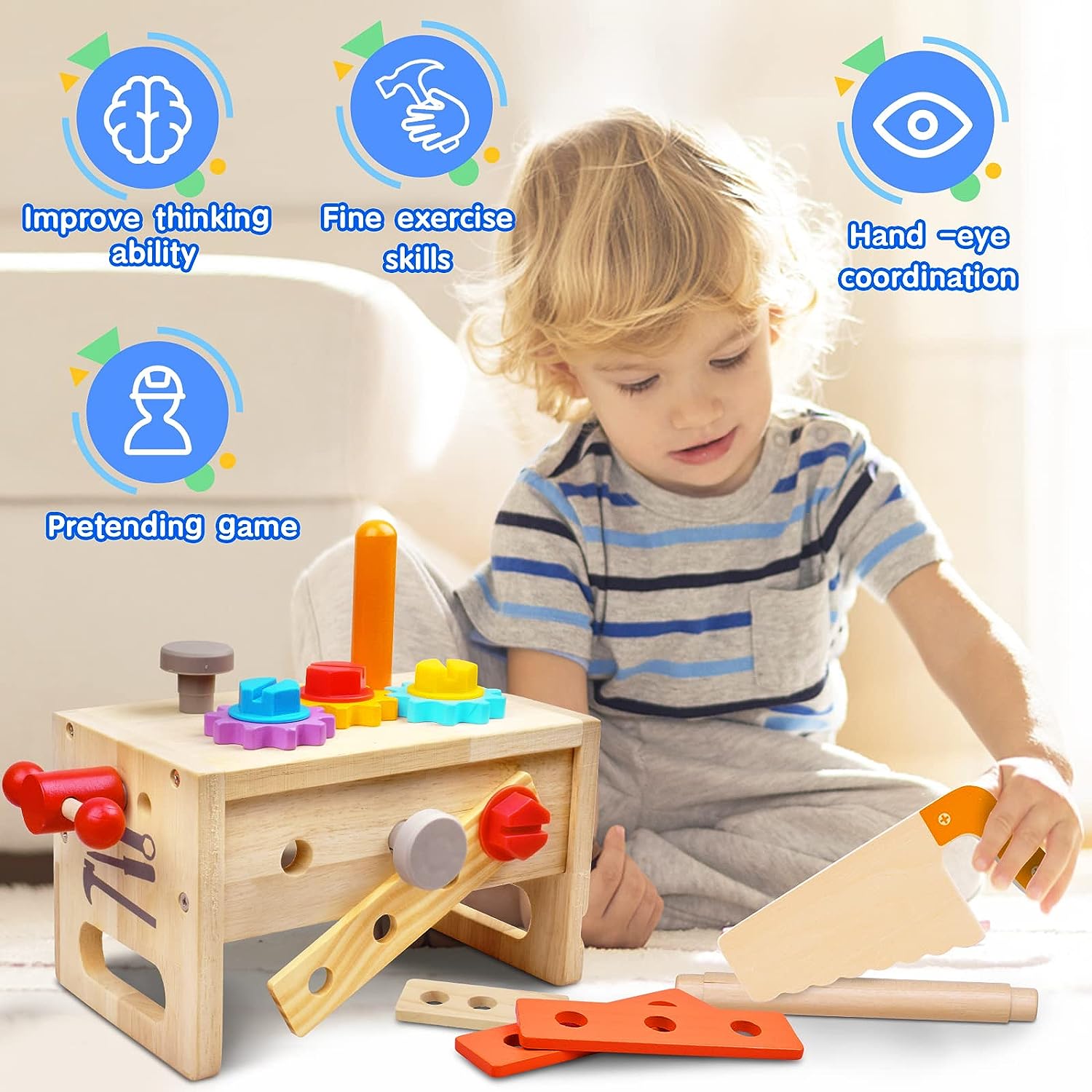 ImaginBlock - 29-Piece Wooden Tool Box Creative Building Set for Kids
