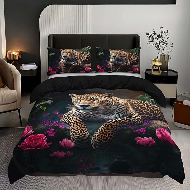 SavannaRose - 3-Piece Animal Print and Rose Pattern Bedding Set