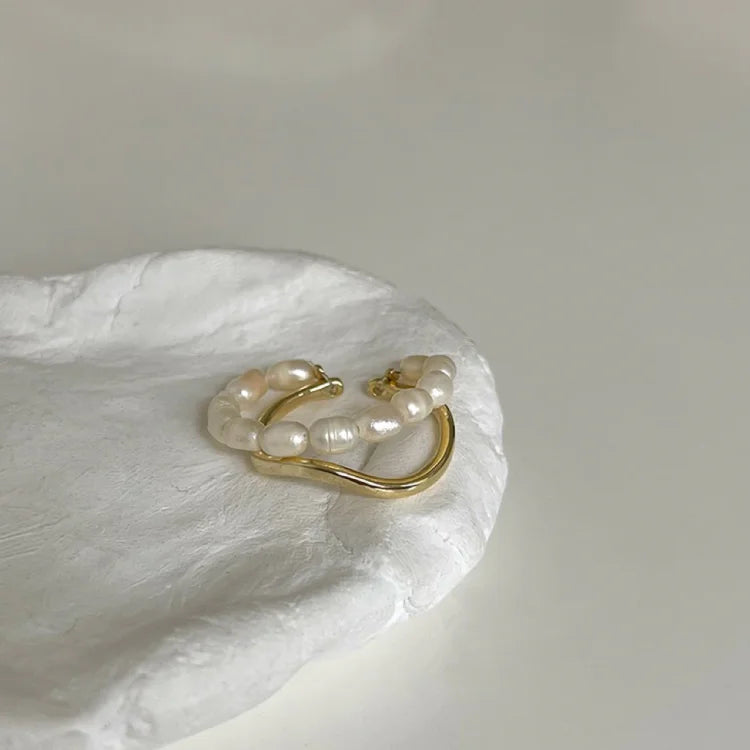 Ivy - Bague double couche dorée avec perle d'eau douce