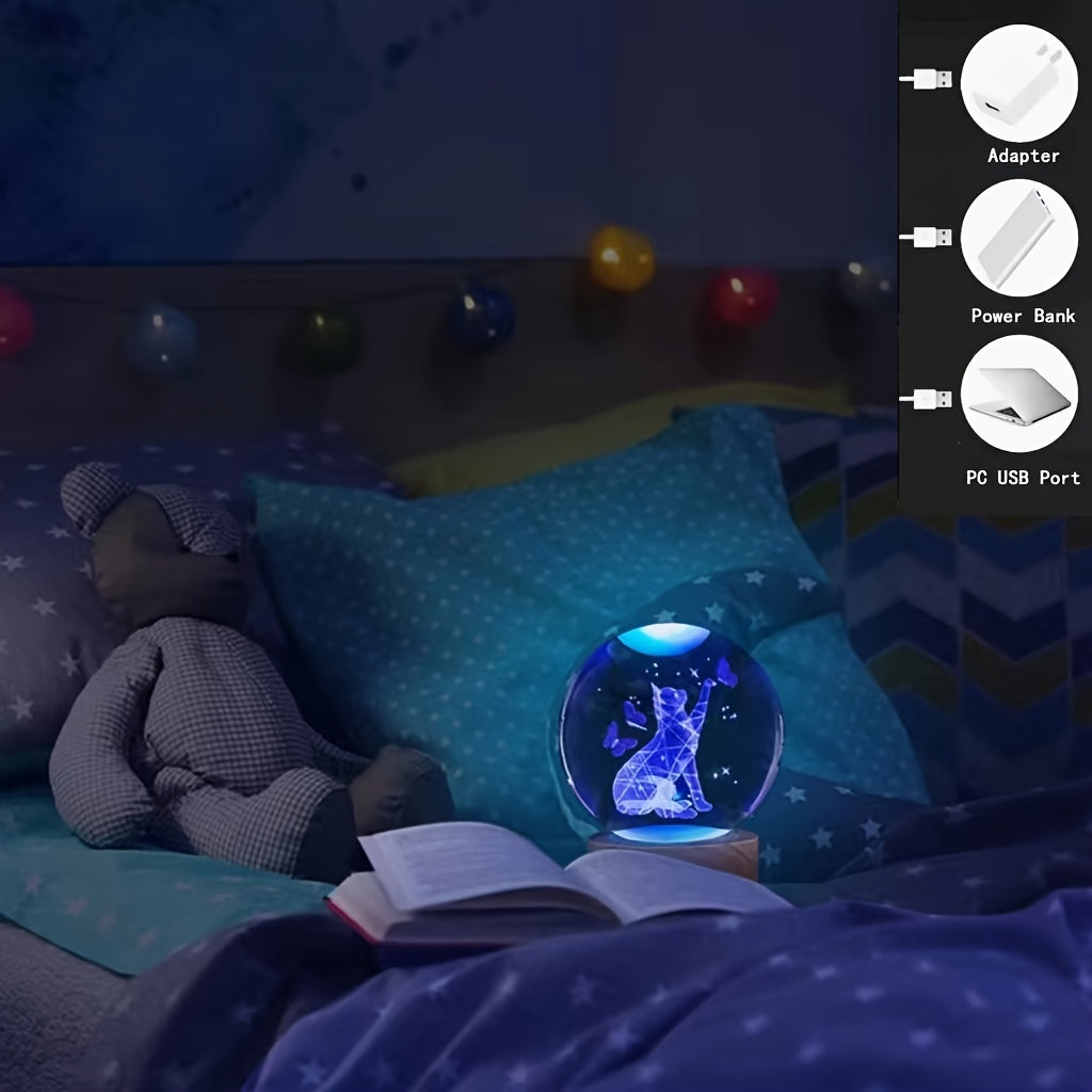Uzora - 3D Crystal Ball Night Light with Wooden Base