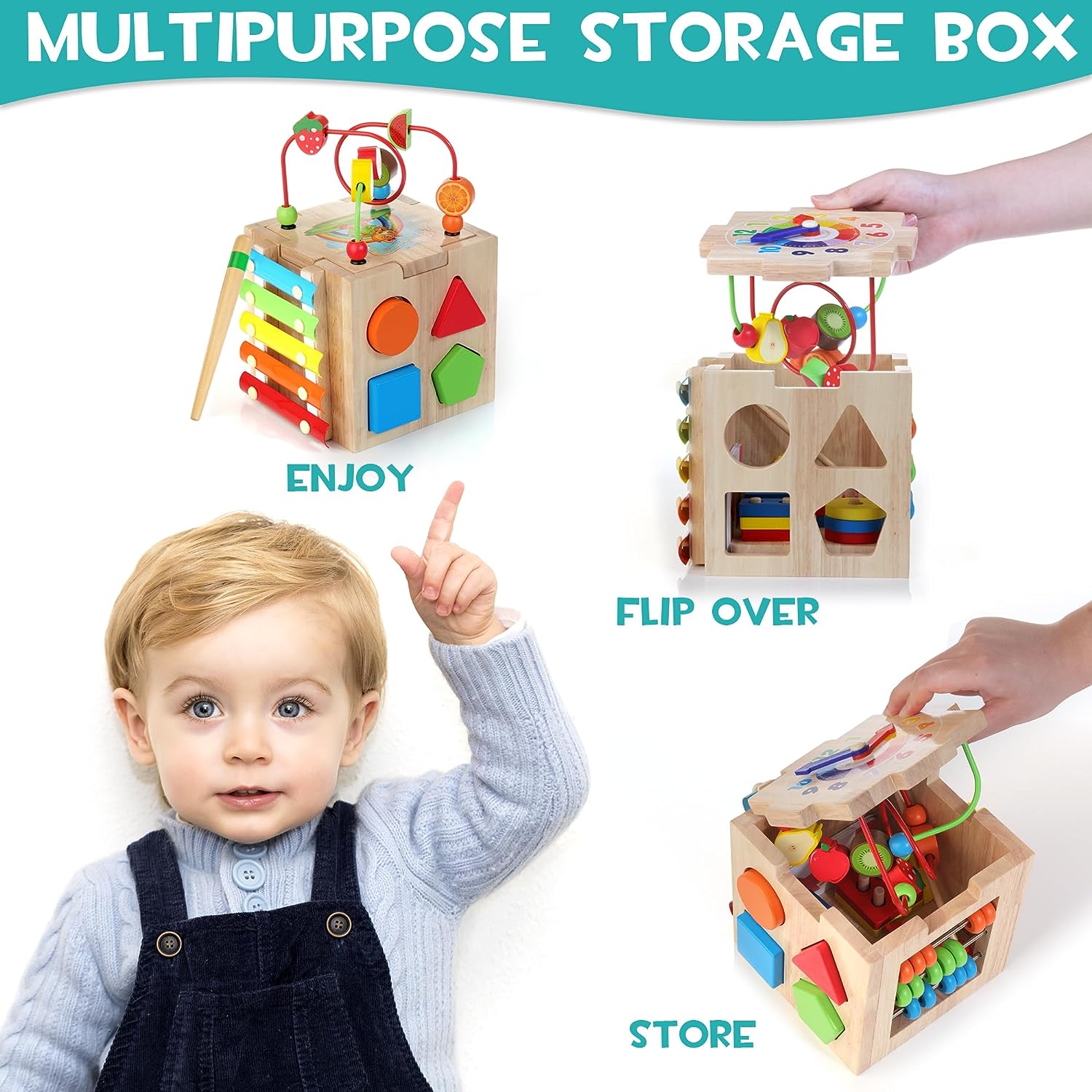 8-in-1 Montessori Activity Cube - Wooden Educational Toy for Baby