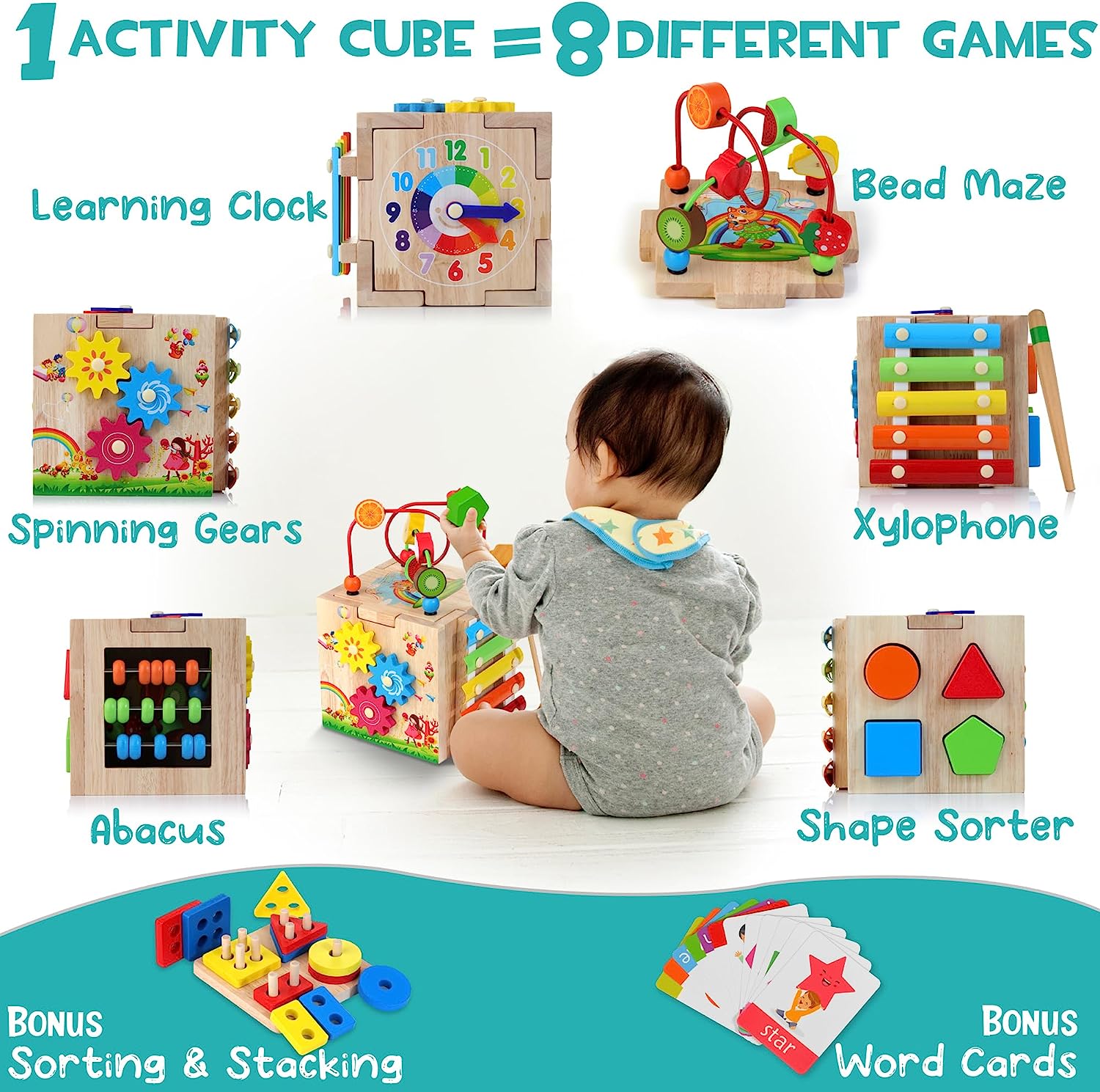 8-in-1 Montessori Activity Cube - Wooden Educational Toy for Baby