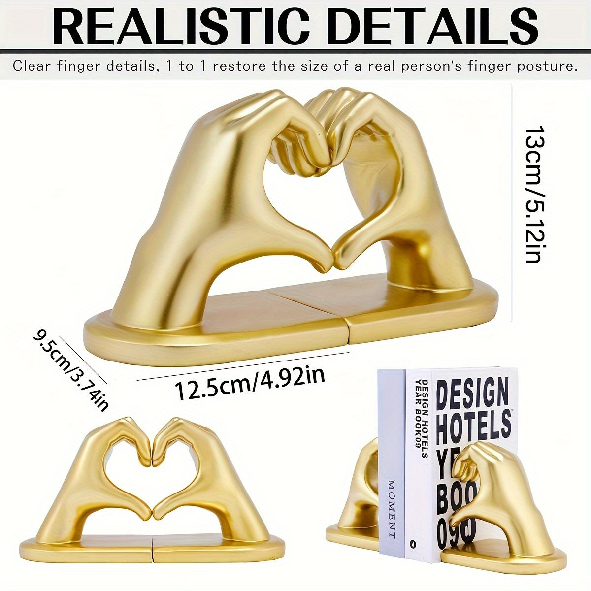 Chic Heart Support - Modern Gold Resin Bookends