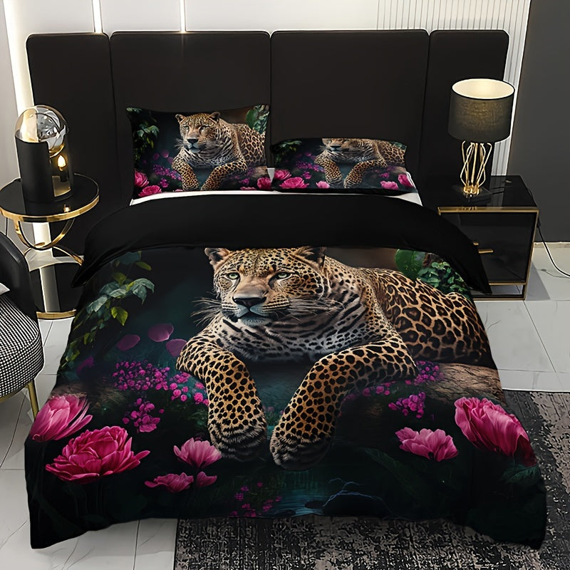 SavannaRose - 3-Piece Animal Print and Rose Pattern Bedding Set