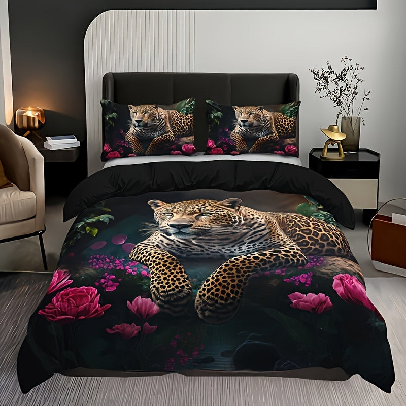 SavannaRose - 3-Piece Animal Print and Rose Pattern Bedding Set