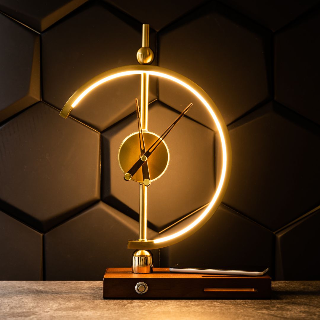 Wyntor - Gold Table Lamp with Wireless Charging and Clock