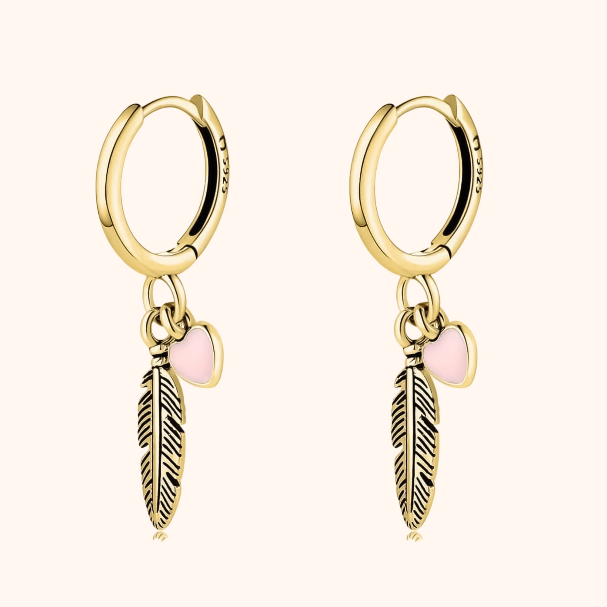 Althea - Romantic Feather and Pink Heart Hoop Earrings