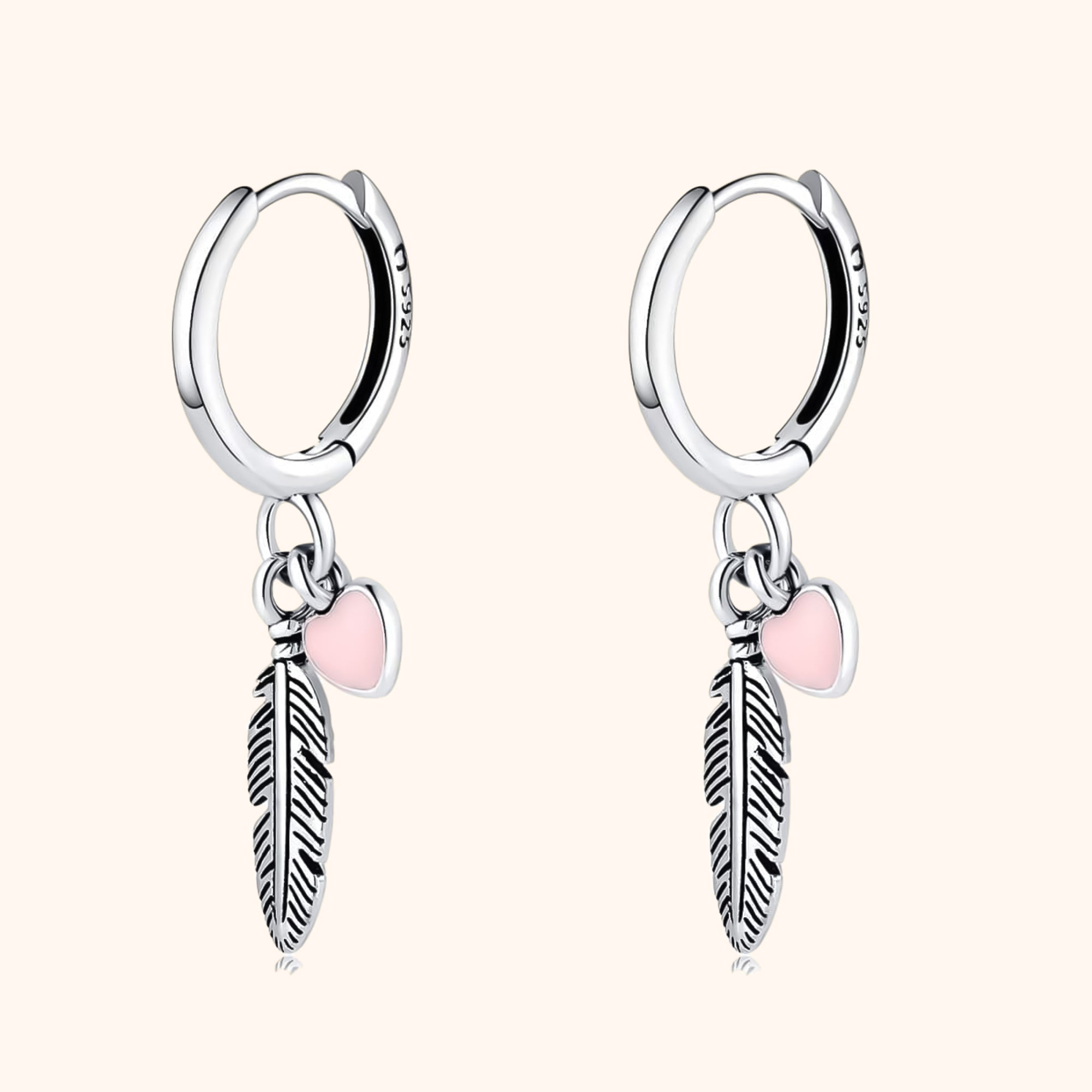 Althea - Romantic Feather and Pink Heart Hoop Earrings