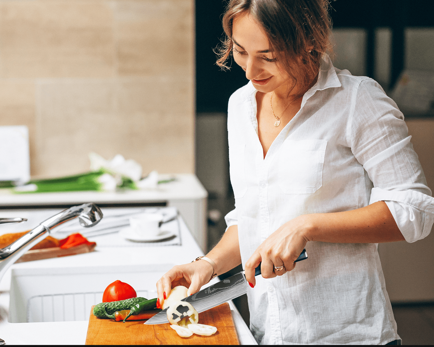 SaffierKok - Couteau de Chef Japonais en Acier Damas 23 cm
