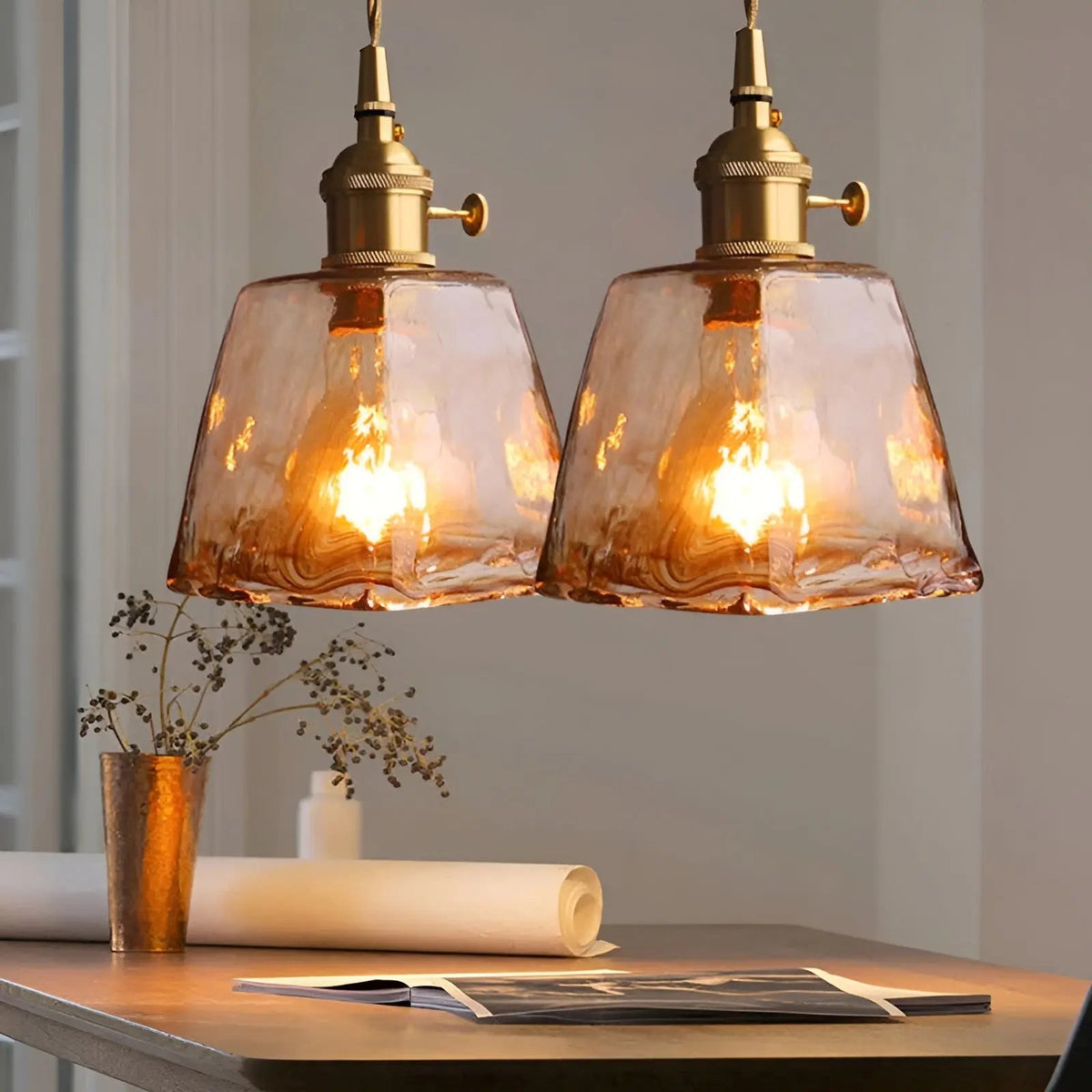 GlassElegance - Amber Glass Pendant Light with Crystal Prisms