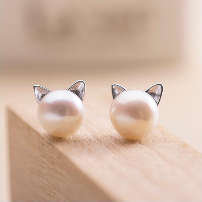 Selia - Boucles d'oreilles chat en argent avec perles
