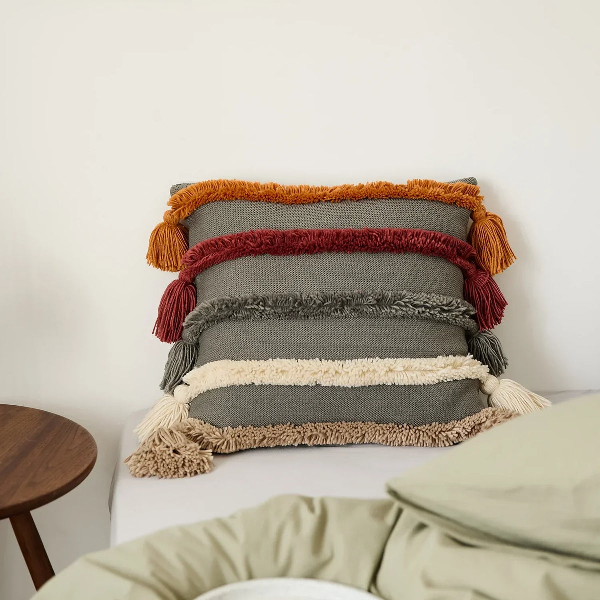 Boho Velvet Cushion Cover - Colorful Striped Fringe Design