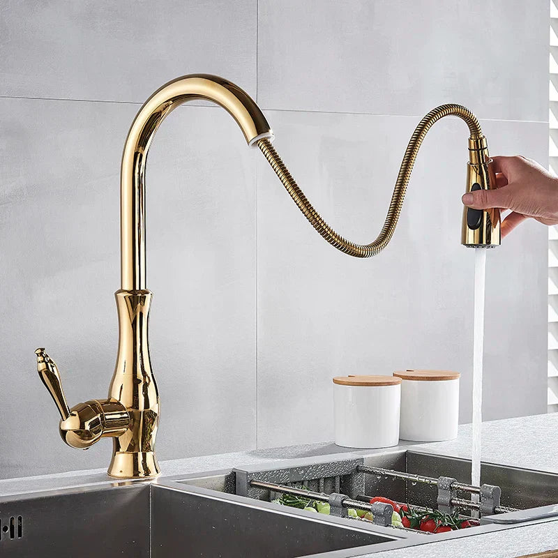 GlamFaucet - Gold Kitchen Mixer Tap with Pull-Out Sprayer
