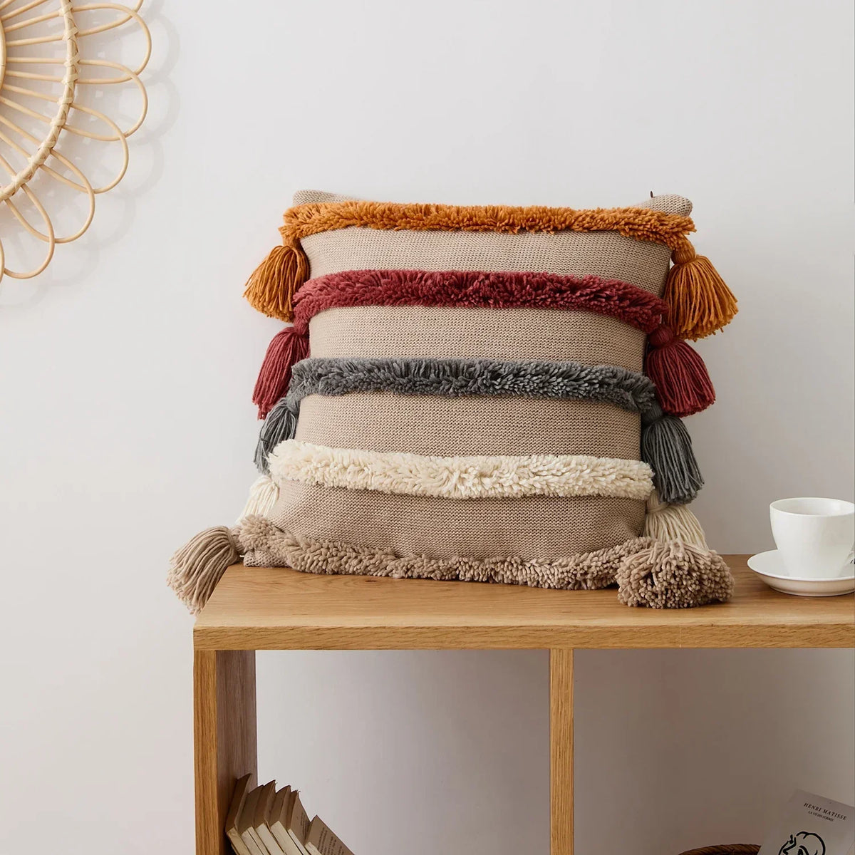 Boho Velvet Cushion Cover - Colorful Striped Fringe Design