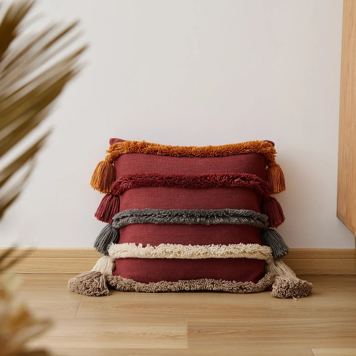Boho Velvet Cushion Cover - Colorful Striped Fringe Design