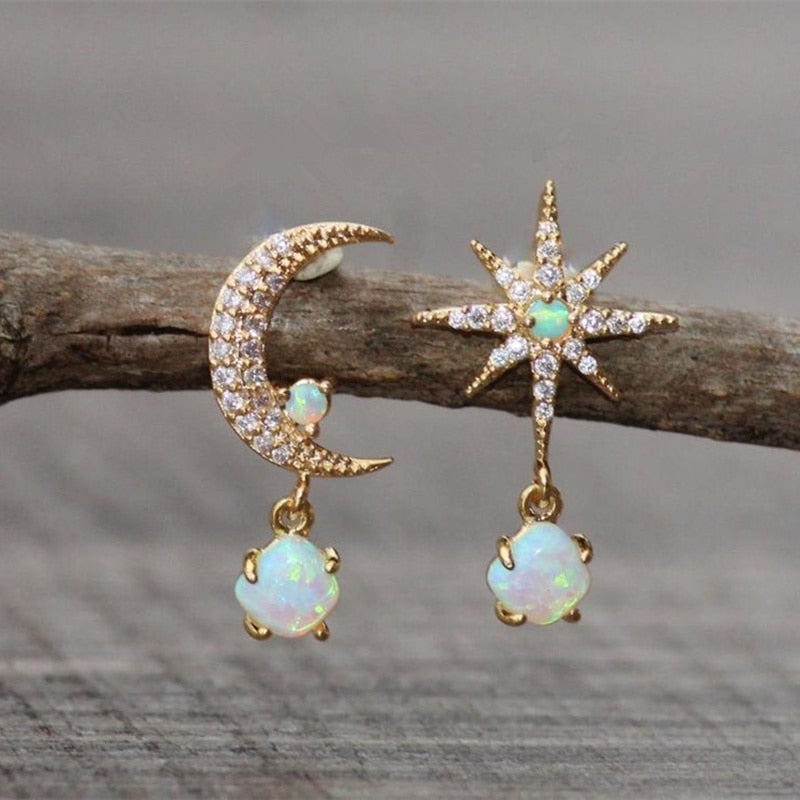 Aurora - Boucles d'oreilles or lune, étoile et opale