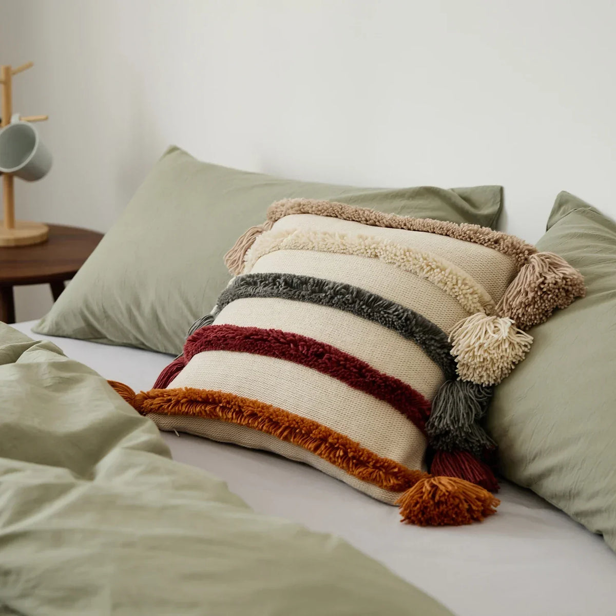 Boho Velvet Cushion Cover - Colorful Striped Fringe Design