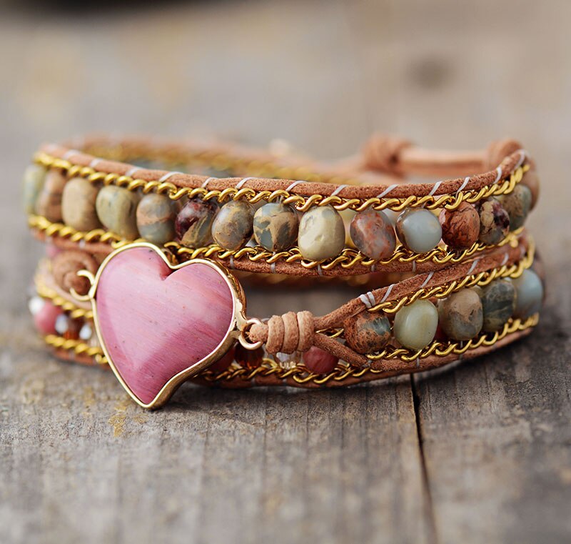 Bracelet cœur en rhodochrosite - Pierre apaisante