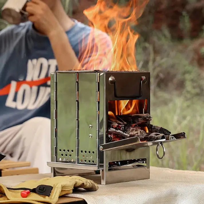 TrailFlame - Réchaud à bois pliable en acier inoxydable