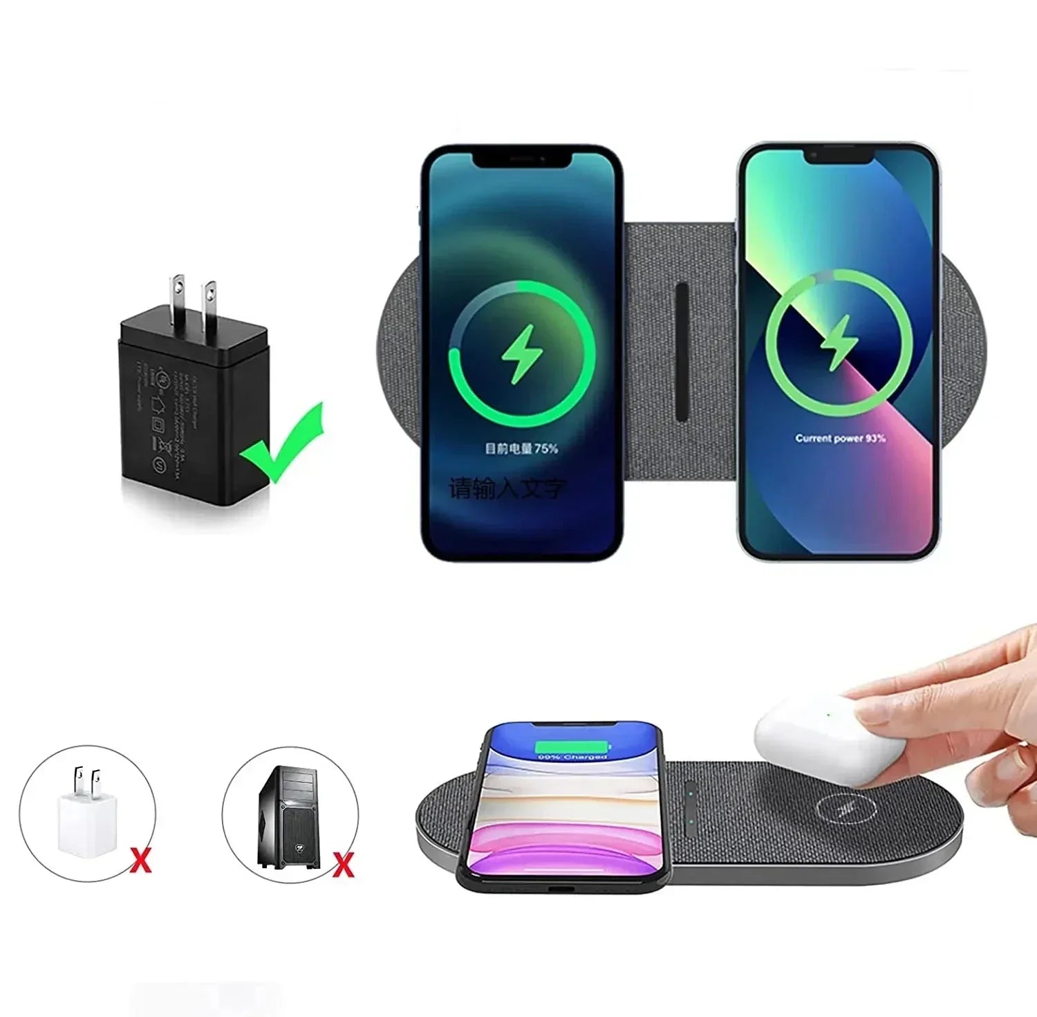 DazzleCharge - Station de charge sans fil double 40W pour smartphone et écouteurs