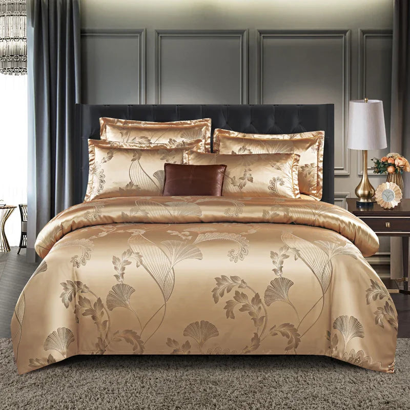 Wostar - Gold and Blue Jacquard Satin Duvet Cover Set