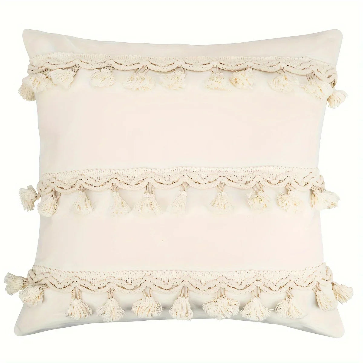 Bohemian - Beige Cushion Cover with Geometric Pattern and Fringe