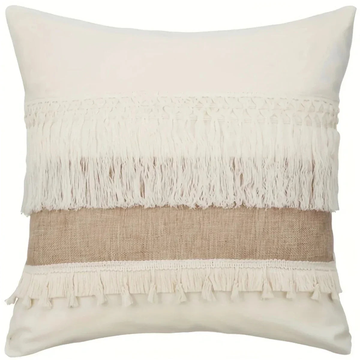 Bohemian - Beige Cushion Cover with Geometric Pattern and Fringe