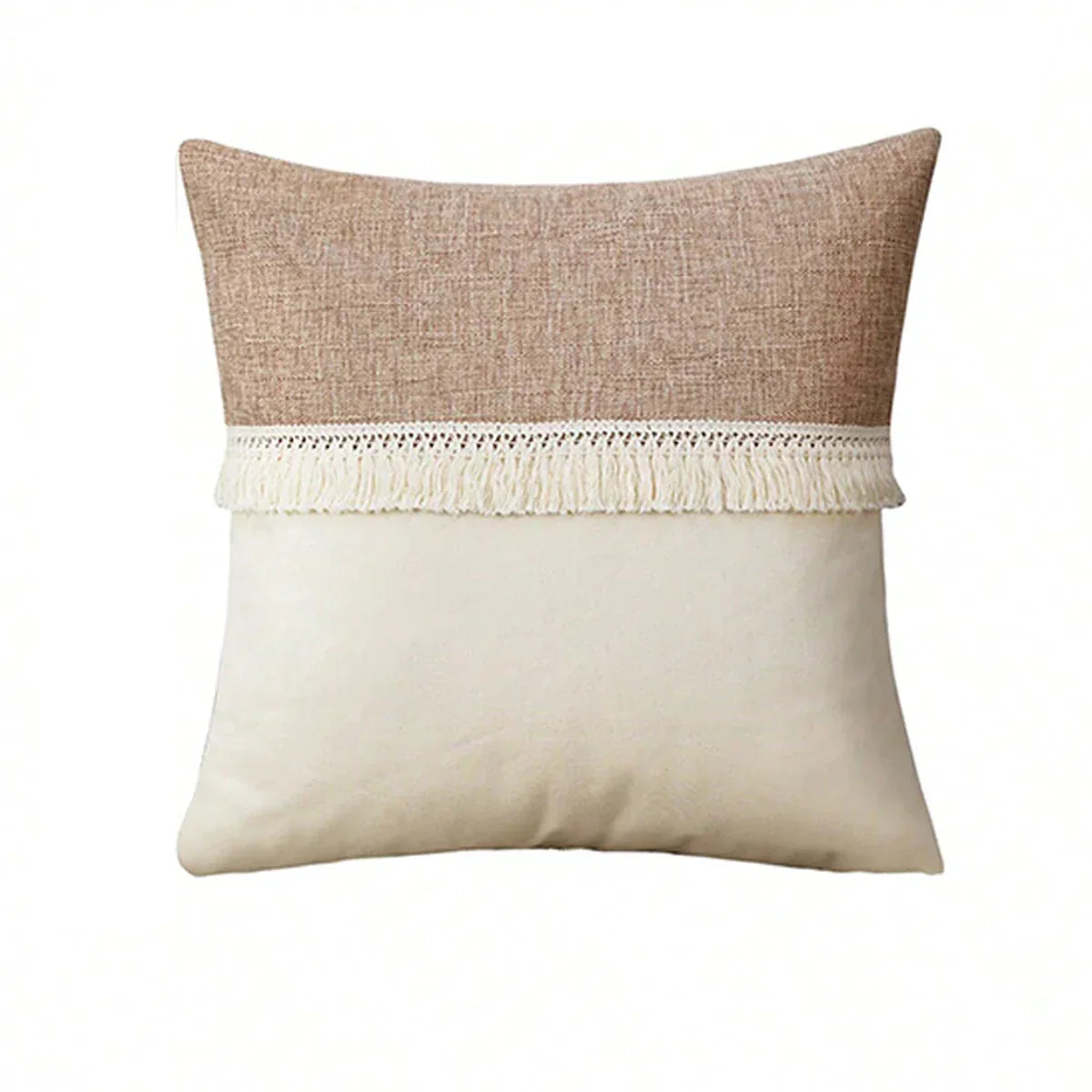 Bohemian - Beige Cushion Cover with Geometric Pattern and Fringe