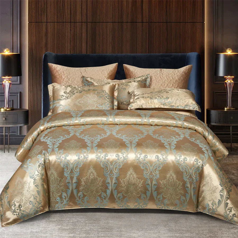 Wostar - Gold and Blue Jacquard Satin Duvet Cover Set