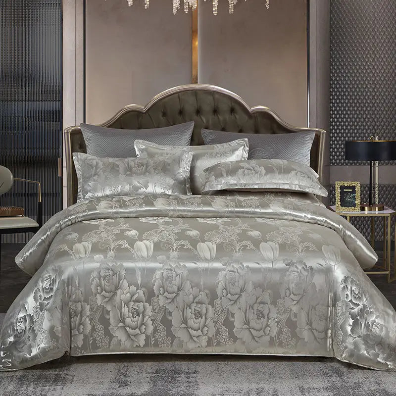 Wostar - Gold and Blue Jacquard Satin Duvet Cover Set