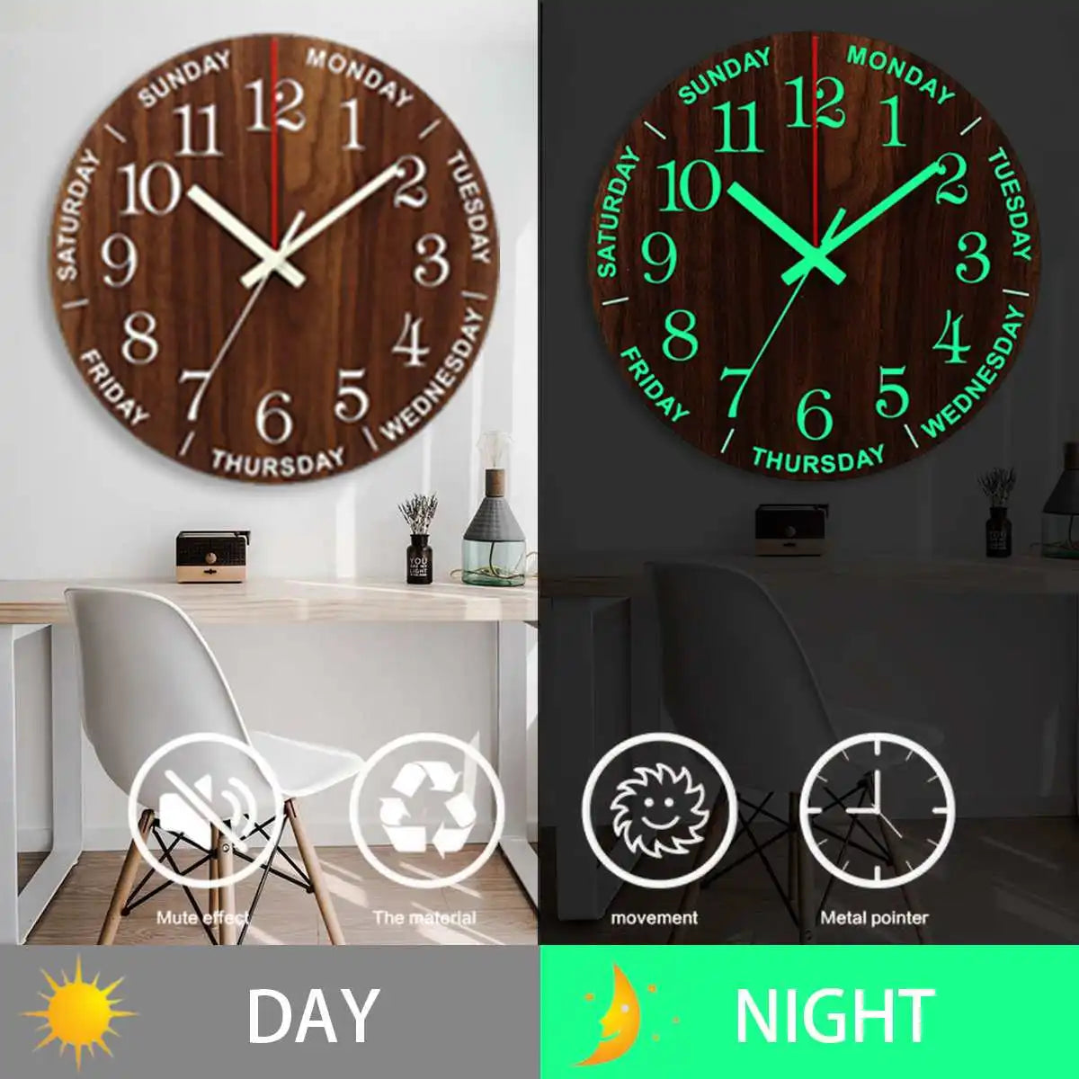 GlowClock - Wooden Wall Clock with Glow-in-the-Dark Numbers